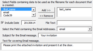 Select fields containing data to be used as filenames and the field containing the email addresses.